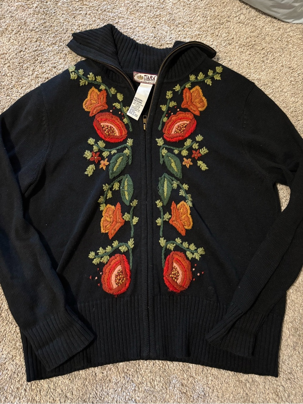 Tiara Black Zip Sweater with Embroidery